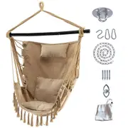 Costway Hammock Macrame Chair Hanging Swing Chair w/2 Cushions Pillow & Installation Kit Home Garden Brown