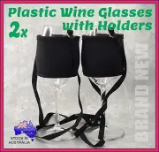 2x Plastic Wine Glass with Neoprene Insulator Holder Lanyard Necklace Strap Gift