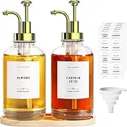 Glass Coffee Syrup Dispenser Set for Coffee Bar - 2 Bottles With Pump, 36 Labels, 1 Bamboo Tray, BPA Free, 16.9 oz/500 ml