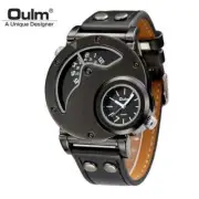 OULM Watch 9591 Dual Time Zone Dials Quartz Black Face with Black dial