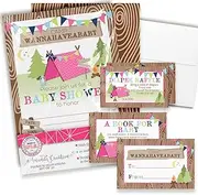 Baby Shower Invites for Girls – Camping Baby Shower Invitation Bundle with Diaper Raffle Tickets, Book Request Cards & Envelopes. Set of 20 5X7 Camp Wanna-Have-A-Baby Invitation Kit Sets