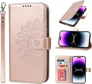 Cavor Wallet Case for iPhone 14 Pro Max 6.7'' PU Leather Case Magnetic 3D Embossed Flower Women Flip Kickstand with Card Holder Wristlet Hand Strap Protective Cover-Flower Rose Gold