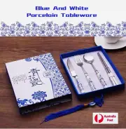 Blue & White Porcelain Stainless Steel Fork Spoon Knife Chopsticks Gifts Set
