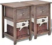 vidaXL Rustic Style Bedside Cabinets with Drawer and Wicker Basket, Paulownia Wood, Brown, Pack of 2