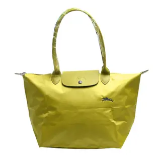 LONGCHAMP LE PLIAGE刺繡摺疊暗釦/拉鍊長提把尼龍水餃包(大-檸檬黃)