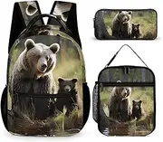 [LQPMNK] 3-in-1 Backpack Combo Set, Mother Brown Bears Protect Cubs Print Backpack And Lunch-bag Backpack with Lunch Bag 3 Piece Set Backpack Lunch Bag Combo, Style, One Size, Duffel Backpacks