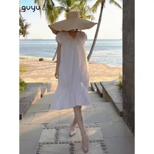 慵懶風海邊度假洋裝長版白色連身裙短袖 設計感情侶旅遊洋裝沙灘裙