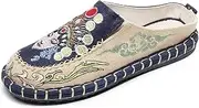 [GHAKKE] Chinese Style Embroidery Slippers Vintage Traditional Ethnic Style Cloth Shoes Women Summer Fashion Flats Shoes Casual Comfort Round Toe Mule Shoes(Dark blue,6)