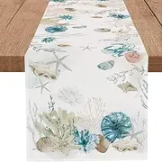 PROCIDA Blue Beach Table Runner Tropical Ocean Coastal Table Runners Seashell Burlap Seasonal Nautical Kitchen Dining Coffee Table Decor for Home Holiday Party Indoor Outdoor 13x90 Inch