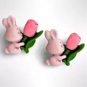 Easter Earrings Pink Bunny Rabbit Holding Tulip Stud Polymer Clay Springtime