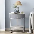 Modern End Table with Drawer, 2 Tier Side Table with Shelf, Round Silver