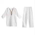 2PCS Women Shirt Tops Pants Set Yoga Suit Ethnic Embroidery Tang Uniform Kung Fu