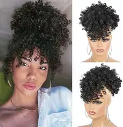 Cetiq Afro Puff Drawstring Ponytail with Bangs Pineapple Updo Hair for Black Women, Short Kinky Curly Ponytail Bun (1B)