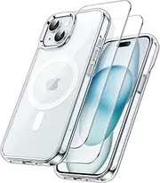 JETech 3 in 1 Magnetic Case for iPhone 15 6.1-Inch with 2 Pack Tempered Glass Screen Protectors, Compatible with MagSafe, Shockproof Bumper Phone Cover (Clear)