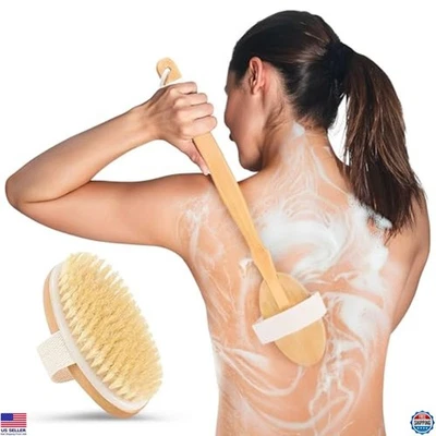 20" Long Handled Shower Scrub Brush, Boar Bristle Exfoliator for Body