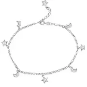 925 Solid Sterling Silver Star Crescent Moon Station Figaro Chain Ankle Bracelet