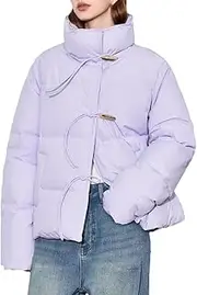 [Generic] Women's Stand Up Collar Cow Horn Button Splicing Down Jacket Solid Color Casual Loose Down Jacket
