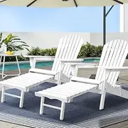 Gardeon Beach Chair Wooden Folding Outdoor Table and Chairs Camping Adirondack Sun Lounge Lounger Setting Garden Pool Backyard with Ottoman 150kg Capacity White Set of 2