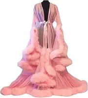 [Shhyy] Women's Sexy Feather Long Wedding Scarf Dreamy Pajamas Robe See-Through Bathrobe Pajamas Sexy Feather Robe Nightgown Long Sheer Sleeve Robe Mesh Flare Sleeves Nightgown,Pink,One Size