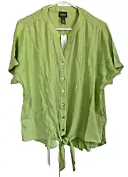 Chico's NWT Size 2 $55 Crinkle Button Down Tie Front Top Blouse Bright Lime