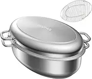 PROPAN Roasting Pan with Rack and Lid 12 Quart,18/10 Stainless Steel Multi-Use Oval Dutch Oven, Induction Compatible Dishwasher/Oven Safe Turkey Roaster,17 Inch