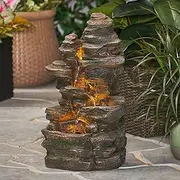 24" H Water Fall Fountains Outside, Concrete 4-Tier Stacked Rocks Design Waterfall Feature for Home Garden Backyard Decor