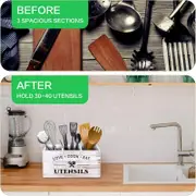 Catzon 3 Compartments Utensil Holder Wooden for Countertop Storage-White