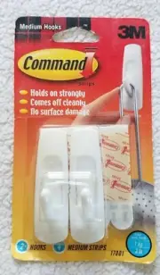 3M Brand ~ Command Strip Hooks ~ Size Medium ~ 2 Pack