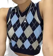 [Auriviz] Womens Sweater Vest Argyle Plaid Crop Sweaters Sleeveless Preppy Style Tank Tops