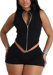[longlugoo] Women‘s Sexy 2 piece Outfits for Women Sleeveless Y2k Zip Up Cropped Tank Top & Shorts Set