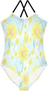 [RPLIFE] Yellow Daisy Flowers Light Blue Girl Bathing Suit, Beach Swimwear 3-10 Y with Adjustable Shoulder Strap, 3-10 Y