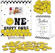Whaline 63Pcs One Happy Dude Birthday Guest Book Alternative Smile Face Preppy Baby Shower Photo Frame with Wood Slices for First Birthday Keepsake Party Favors