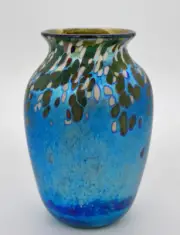 Blue Luster Vase With Multi-Color Oil Spot Design. Blown Glass by Saul Alcaraz