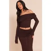 Tall Chocolate Bardot Textured Knit Top, Chocolate