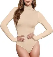 [Caihoyu] Peach Solid Color Pure Plain long sleeve Sexy Body Suits Women Shapewear Top Cute Going Out Tops for Women High-Neck, Color 1