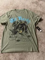 Ed Hardy Shirt Men's Large Crouching Panther Graphic Tattoo Y2K Streetwear Olive