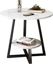 2 Tier Round Modern Coffee Table, Industrial Metal Frame Side Tables, End Table with Storage Shelf, Faux Marble Bedside Table for Living Room, Bedroom, Nightstands for Bedroom