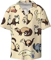 [CADREWY] Hairy Ferret Print Men's Lightweight Stylish Classic Cuban Collar Style Short Sleeve Practical Pocket