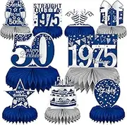 LINAYE 50th Birthday Decorations for Men - Blue and Silver Honeycomb Centerpieces for 50 Year Old Birthday Party 50th Birthday Centerpieces for Table Fifty Birthday Vintage Decorations Decor