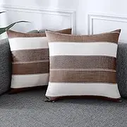 AmHoo Pack of 2 Farmhouse Stripe Check Throw Pillow Covers Set Case Cotton Linen Decorative Pillowcases Cushion Cover for Couch Bench Sofa 16x16Inch Brown