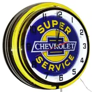 19" Chevrolet Super Service Sign Double Neon Clock Garage Decor (Yellow)