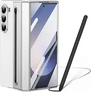 Case for Galaxy Z Fold 6, Samsung Fold6 Case with Built-in Hinge Protection, Samsung Galaxy Z Fold6 Leather Case with Screen Protector + S Pen Stylus Replacement + Pen Holder White