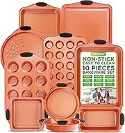 NutriChef 10-Piece Non-Stick Baking Pans Set - Premium Nonstick Carbon Steel Oven Bakeware - Includes Cookie Sheets, Muffin & Cake Pans, Pizza Crisper, Roasting Pans, w/Silicone Handles - Copper
