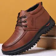 Men's Brown Faux Leather Winter Boots with Warm Plush Lining, Lace-Up Ankle Boots with Non-Slip Sole for Outdoor and Casual Wear