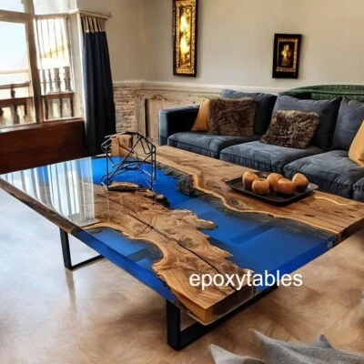 Blue Epoxy Resin Dining Table Top Acacia Wooden Live Edge Housewarming Decors