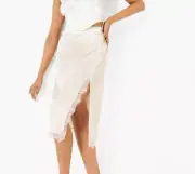 NEW Ivory White Lace Trim Satin Midi Skirt 8 Medium Split Front Silky Boohoo M