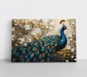 Elegant Peacock Canvas Wall Art Print on Framed Canvas Majestic Blue Gold Decor