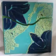 FUSED GLASS TRAY WALL TILE TABLE ORNAMENT HANDMADE SIGNED א.קטן BLUE GREEN
