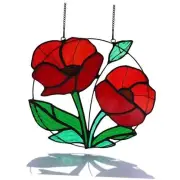 Red Flowers Stained Glass Window Hanging,Artificial Poppy Flower Suncatcher