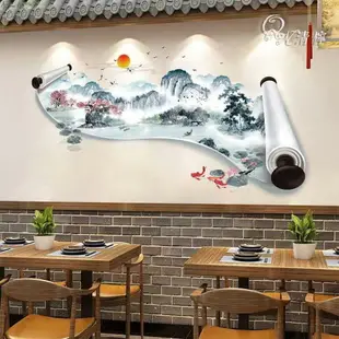 清檸 創意 水墨山水畫國畫客廳電視背景牆壁紙自黏裝飾貼紙3D 立體壁貼 牆貼 牆壁貼畫